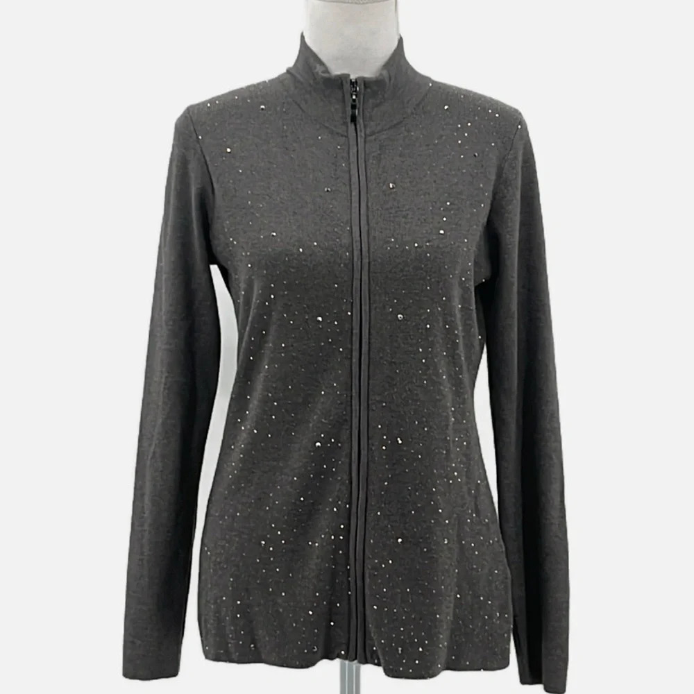 Vila Zip Front Mock Neck Studded Cardigan Sweater Heather Charcoal - NEW - Med.